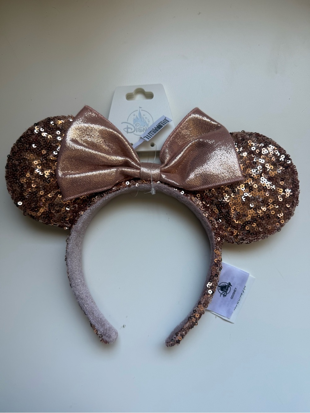 Disney Rose Gold Sequin Minnie Ears Headband with Shimmer Bow